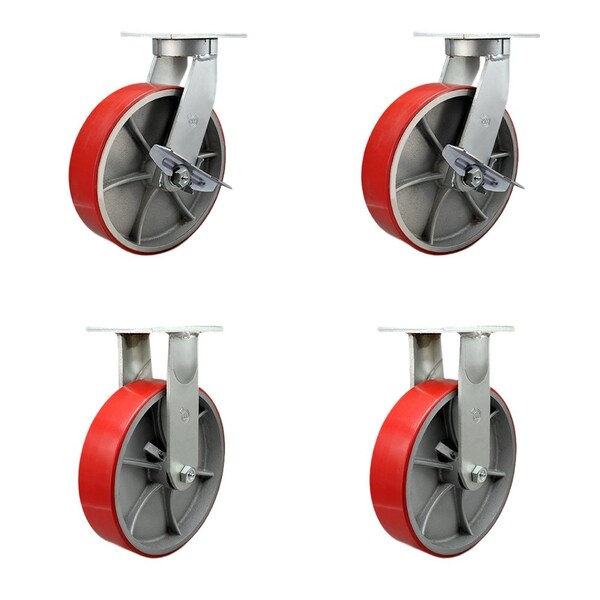 Service Caster 12'' Heavy Duty Red Poly on Cast Iron Wheel Caster Set 2 Brakes 2 Rigid, 4PK CRAN-SCC-KP92S1230-PUR-RS-SLB-2-R-2 - main
